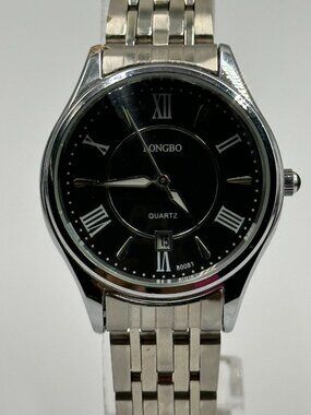 3/$30 Longbo Watch Men Silver Tone Black Dial Date Window 29MM New Battery 8”